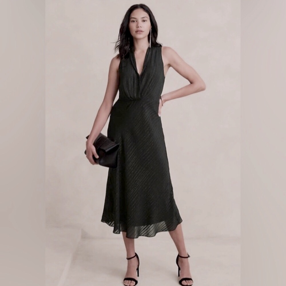 Dress BANANA REPUBLIC Black Lurex Jacquard Midi Sleeveless Party Holiday sz 6 S